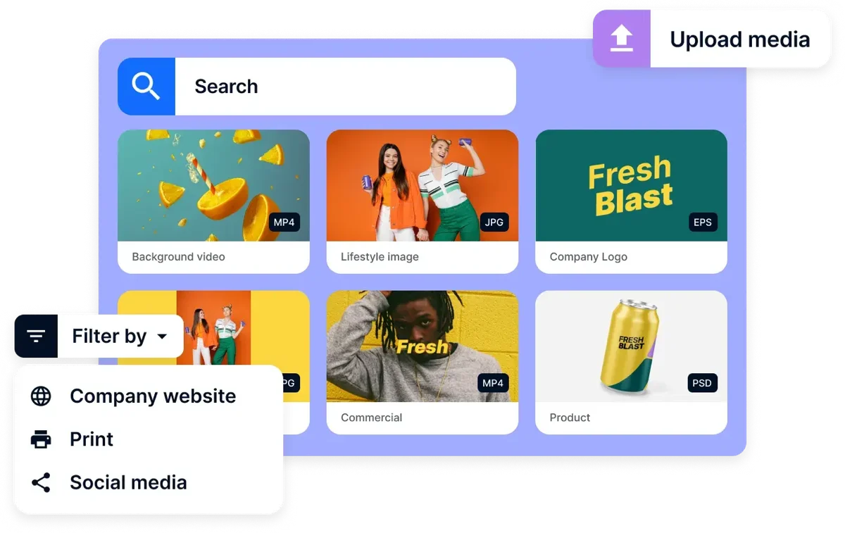 Bynder asset library: search bar, media grid of video, image, logo and product files, and a Filter by channel menu