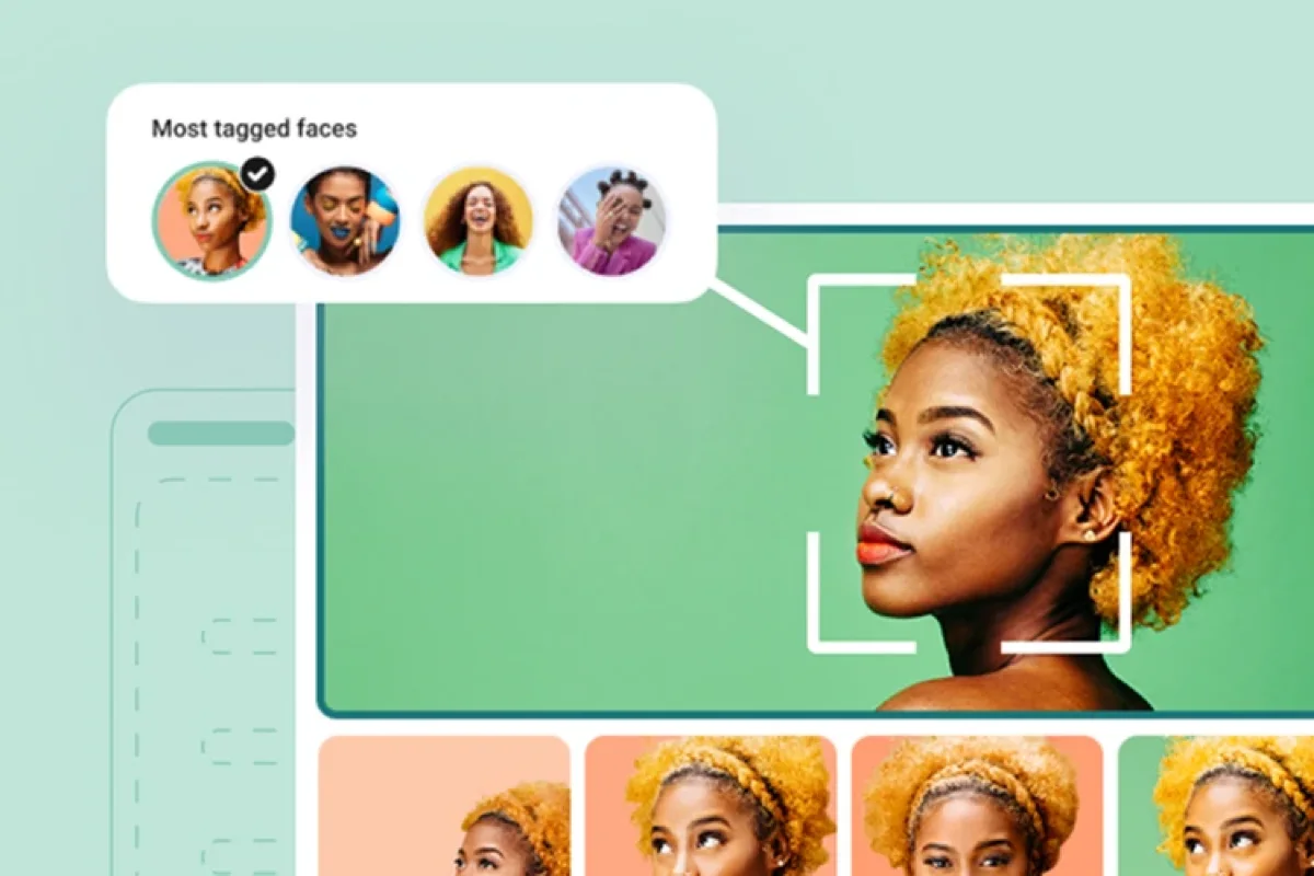 Canto AI face recognition showing a Most tagged faces strip and a face-detection box over a portrait
