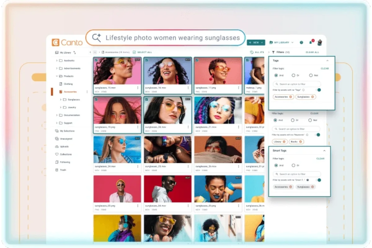 Canto library: left folder tree, natural-language search bar, thumbnail grid, and Tags / Smart Tags filter panels