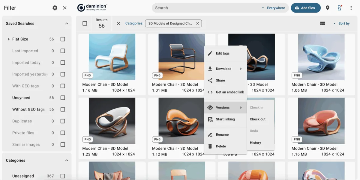 Daminion catalog filtered to a 3D-model category, with the right-click menu showing version check-in and check-out