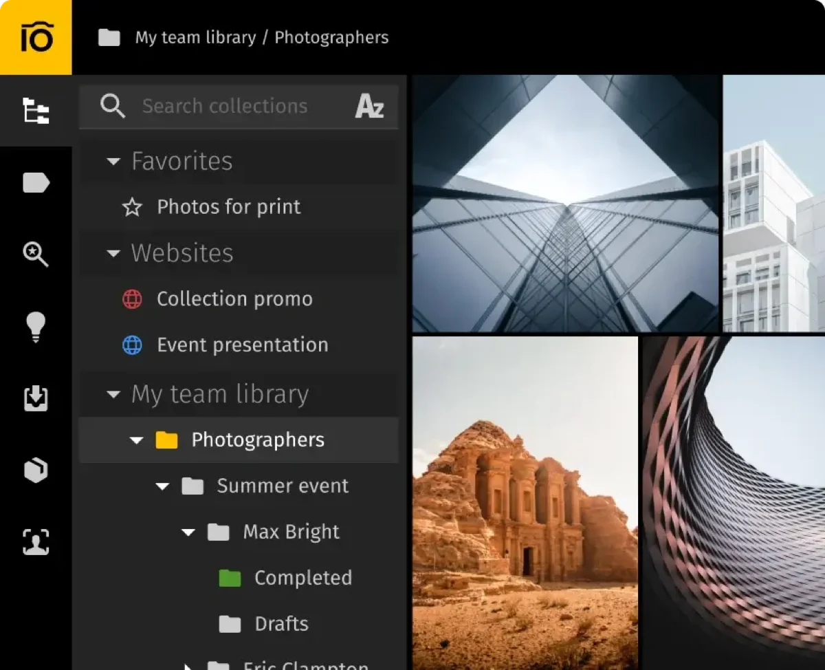 Pics.io library interface showing assets synced from Google Drive