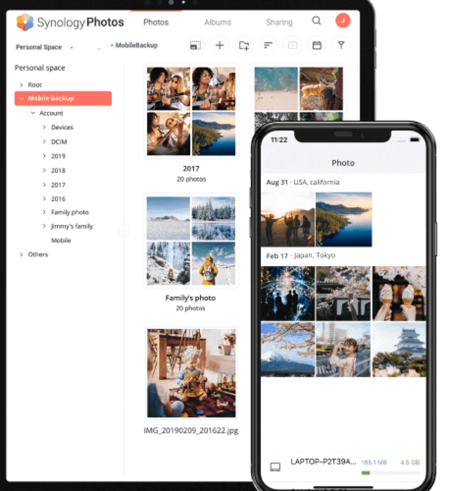 Synology Photos on desktop and phone showing a folder tree and a photo timeline